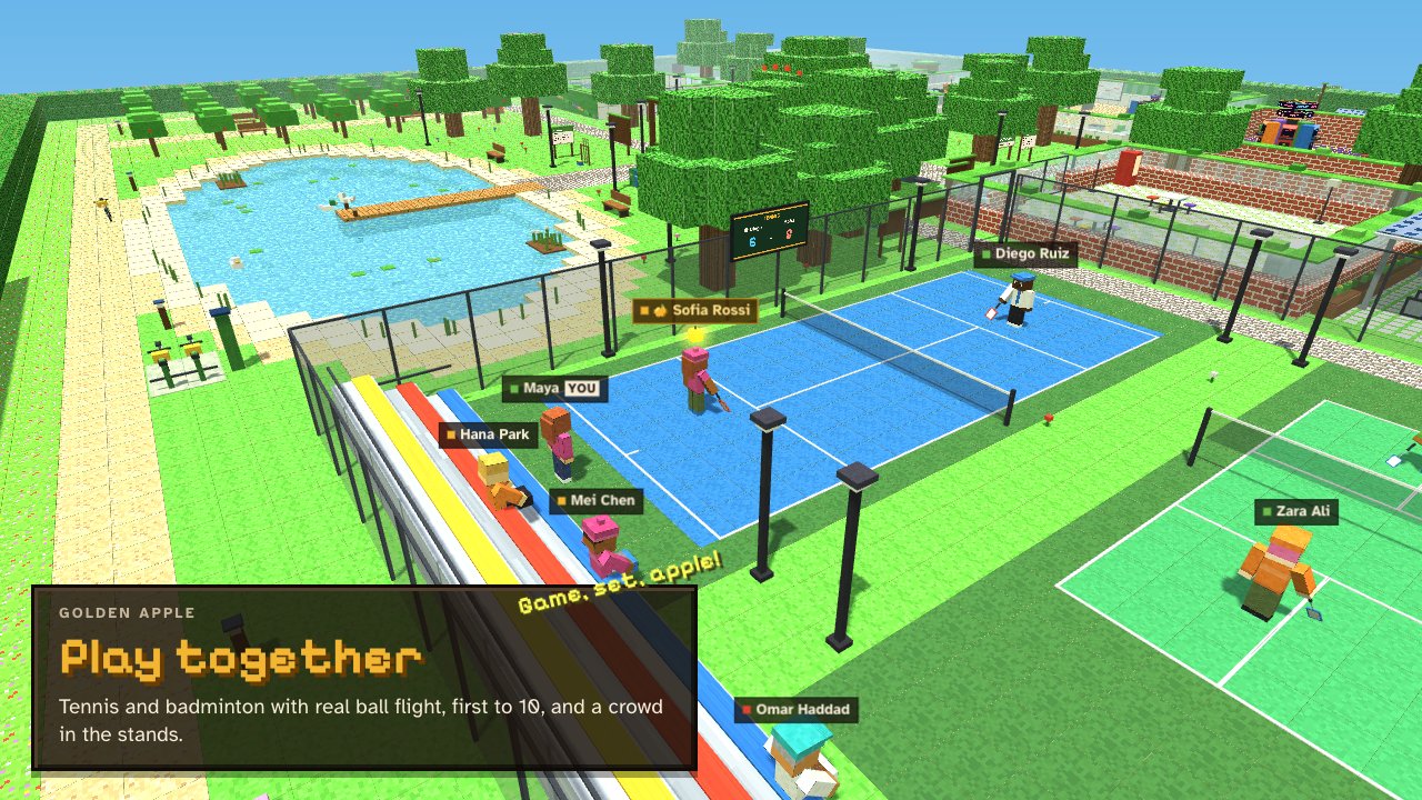 A tennis match and a badminton match with spectators in the stands