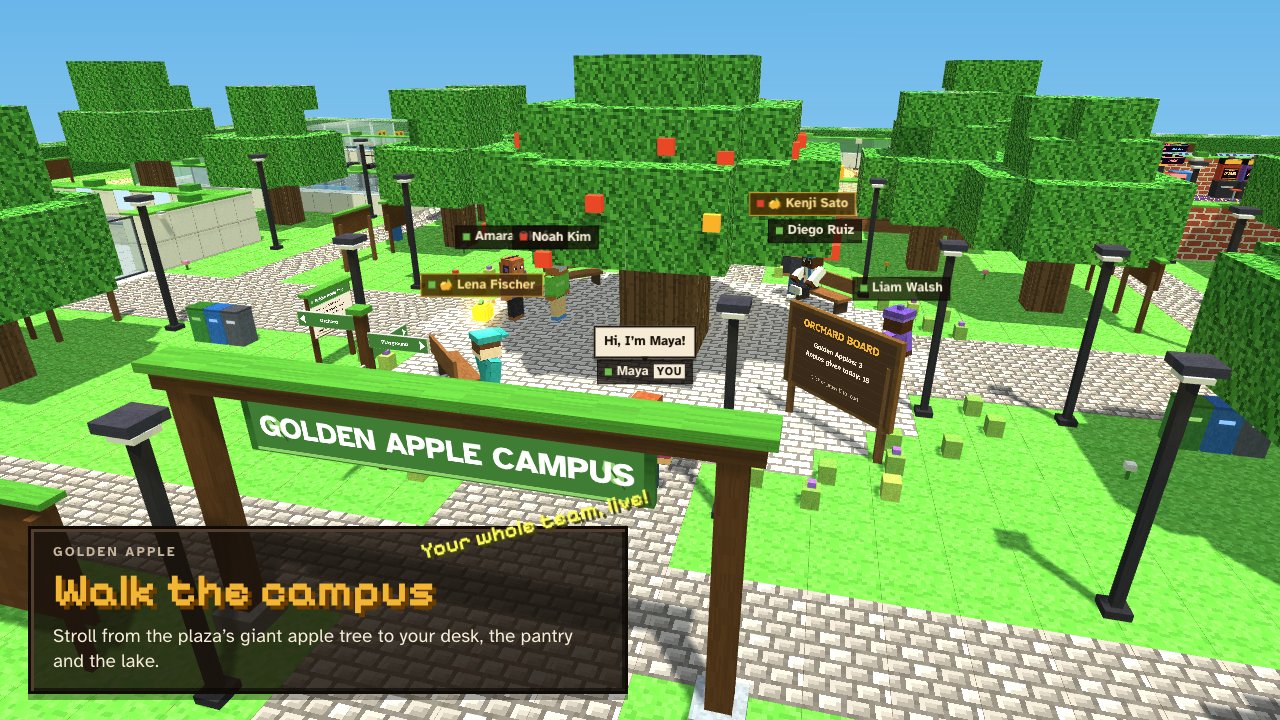 Coworkers walking around the plaza and its giant apple tree, under the Golden Apple Campus arch